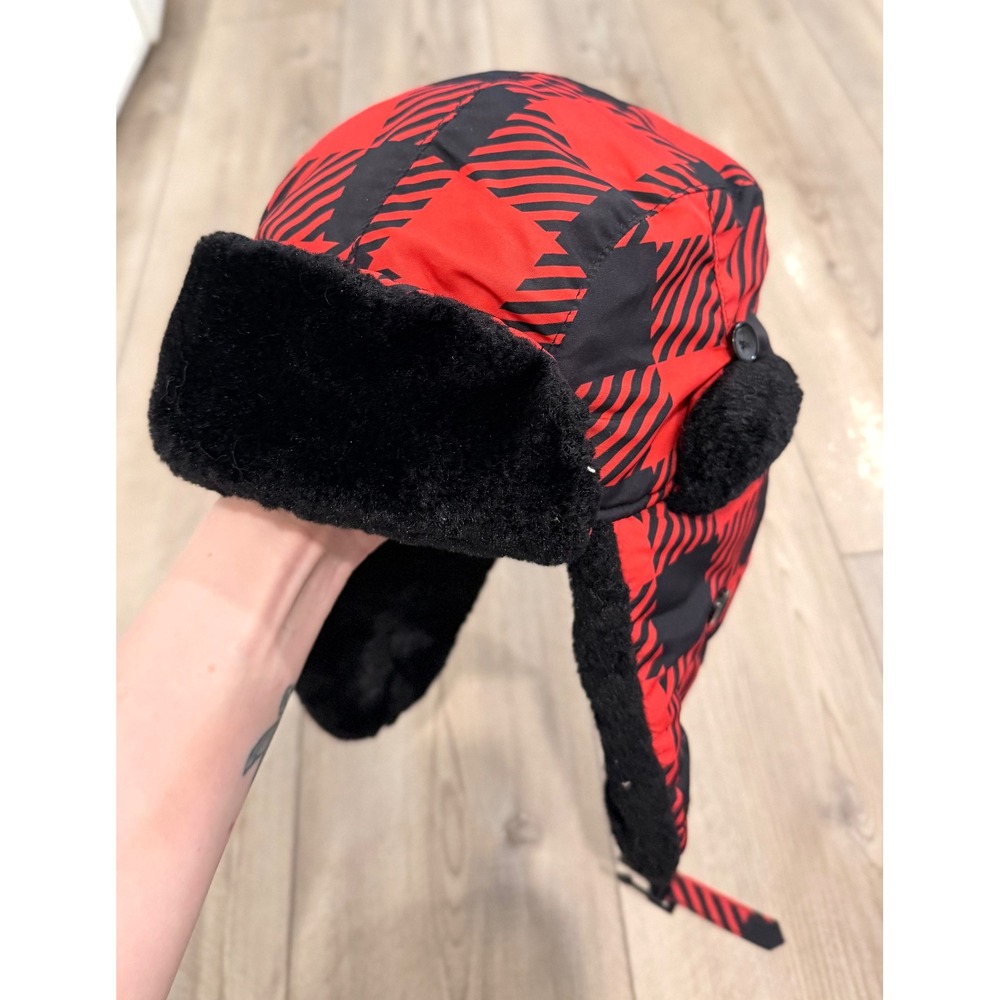 Hurley Red Black Buffalo Plaid Trapper Hat Faux Fur Ear Flap Winter Cap